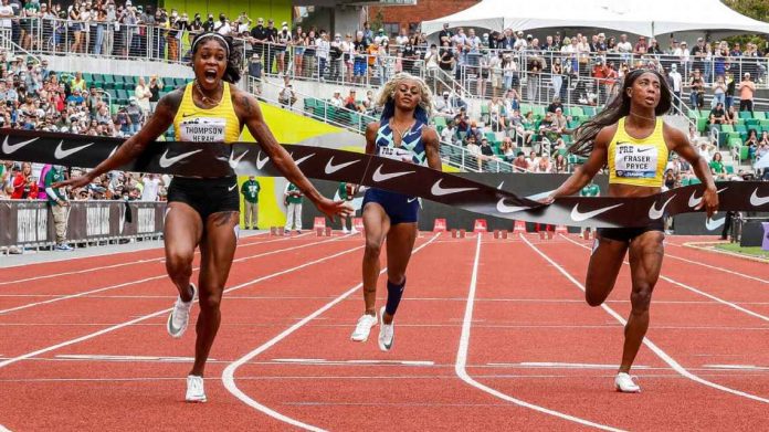 Elaine Thompson winning 2021 Prefontaine 100m