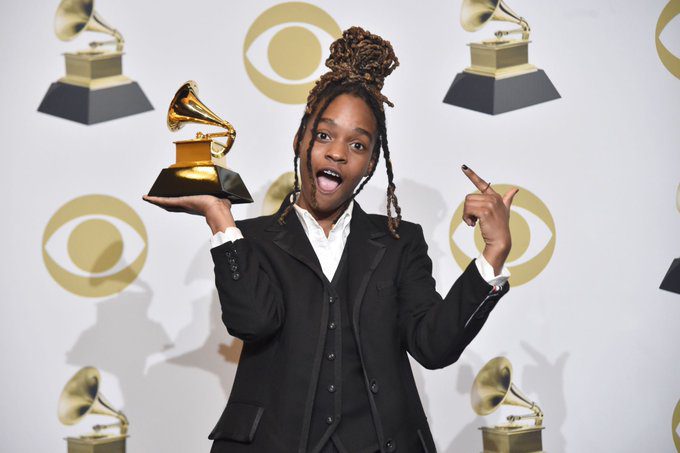 Mikayla 'Koffee' Simpson celebrating her Grammy win for Best Reggae Album at the 62nd annual Grammy Awards held the Staples Centre, Los Angeles. (Photo via JIS News)