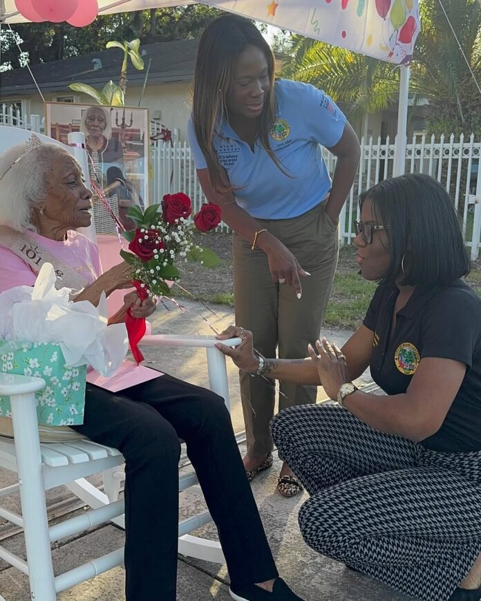 City of Miami Gardens Councilwomen Linda Julien and Katrina Baskin helped to honor Minnie Lee Anderson, a Miami Gardens resident who celebrated her 101 birthday.