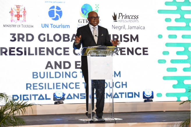 Pictured: Minister of Tourism, Hon Edmund Bartlett gives the main address at the 3rd Global Tourism Resilience Conference yesterday at the Princess Grand Hotel in Hanover on February 17, 2025.